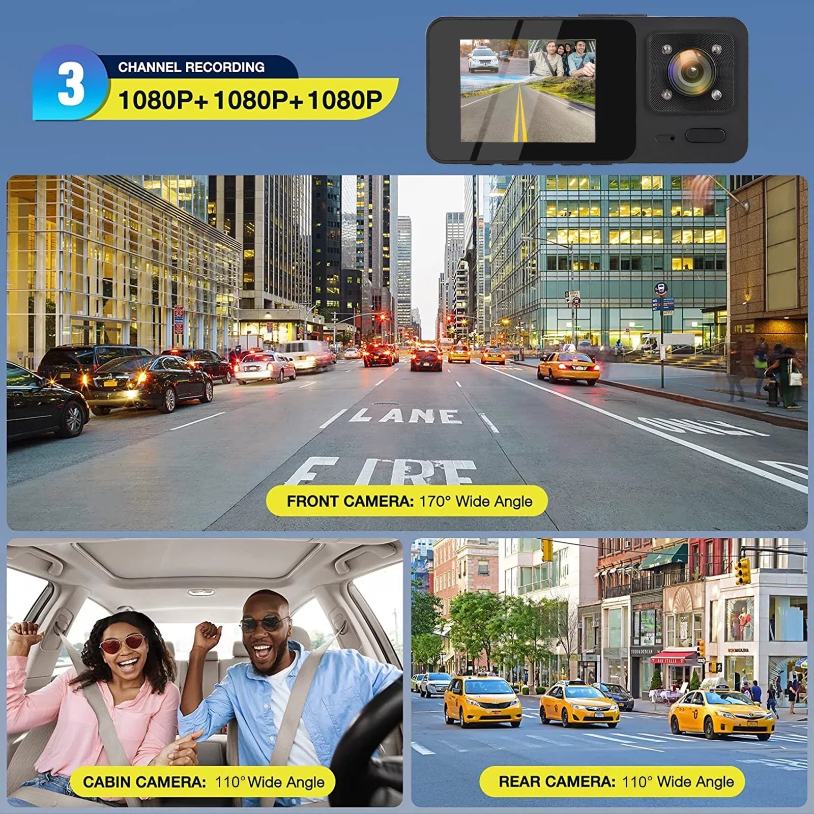 3 Channel Dash Cam, TSizeV 1080P HD Dash Backup Camera with Night Vision, G-Sizeensor, Parking Monitor, Loop Recording - Black