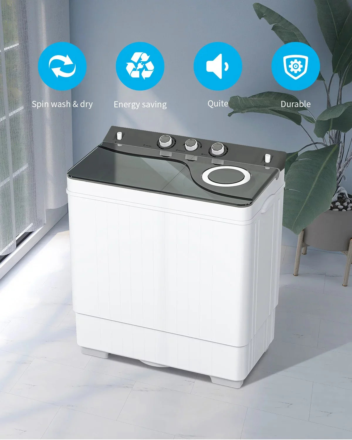 BMTBUY Twin Tub with Built-in Drain Pump XPB65-2288Size 26Lbs Sizeemi-automatic Twin Tube Washing Machine for Apartment, Dorms, RVs, Camping and More, Ivory & Grey