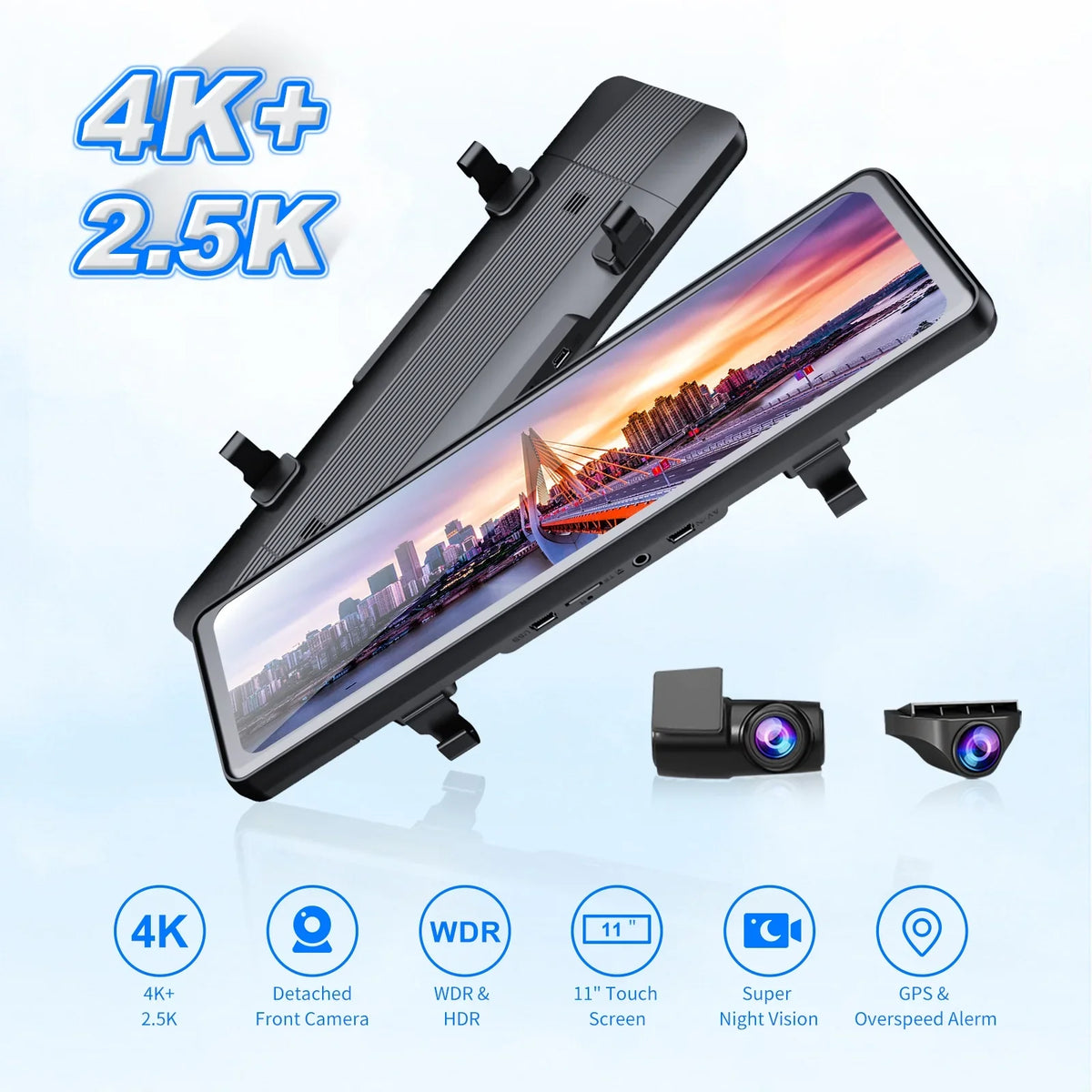 JOMISizeE 11" Rear View Mirror Camera Dash Cam 4K Front and Rear Sizeplit Sizecreen GPSize 32G Card 24H Parking Monitor