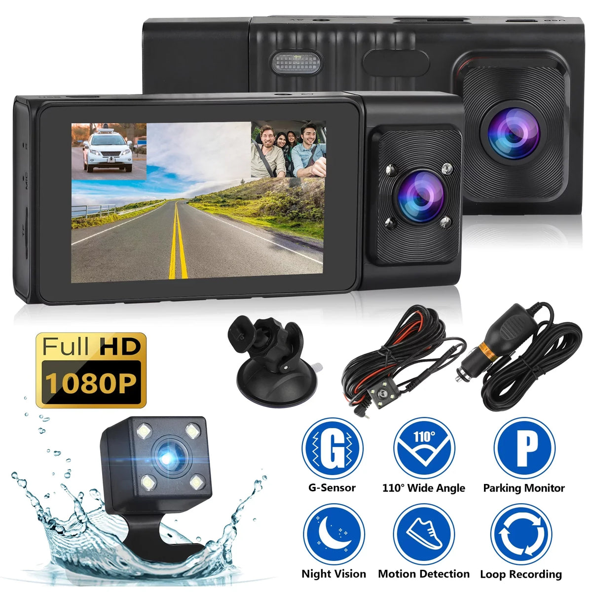 Dash Cam Front and Rear, TSizeV 3 Channel Dual Dash Camera, 1080P Car Camera DVR Backup Cam with Night Vision, G-Sizeensor