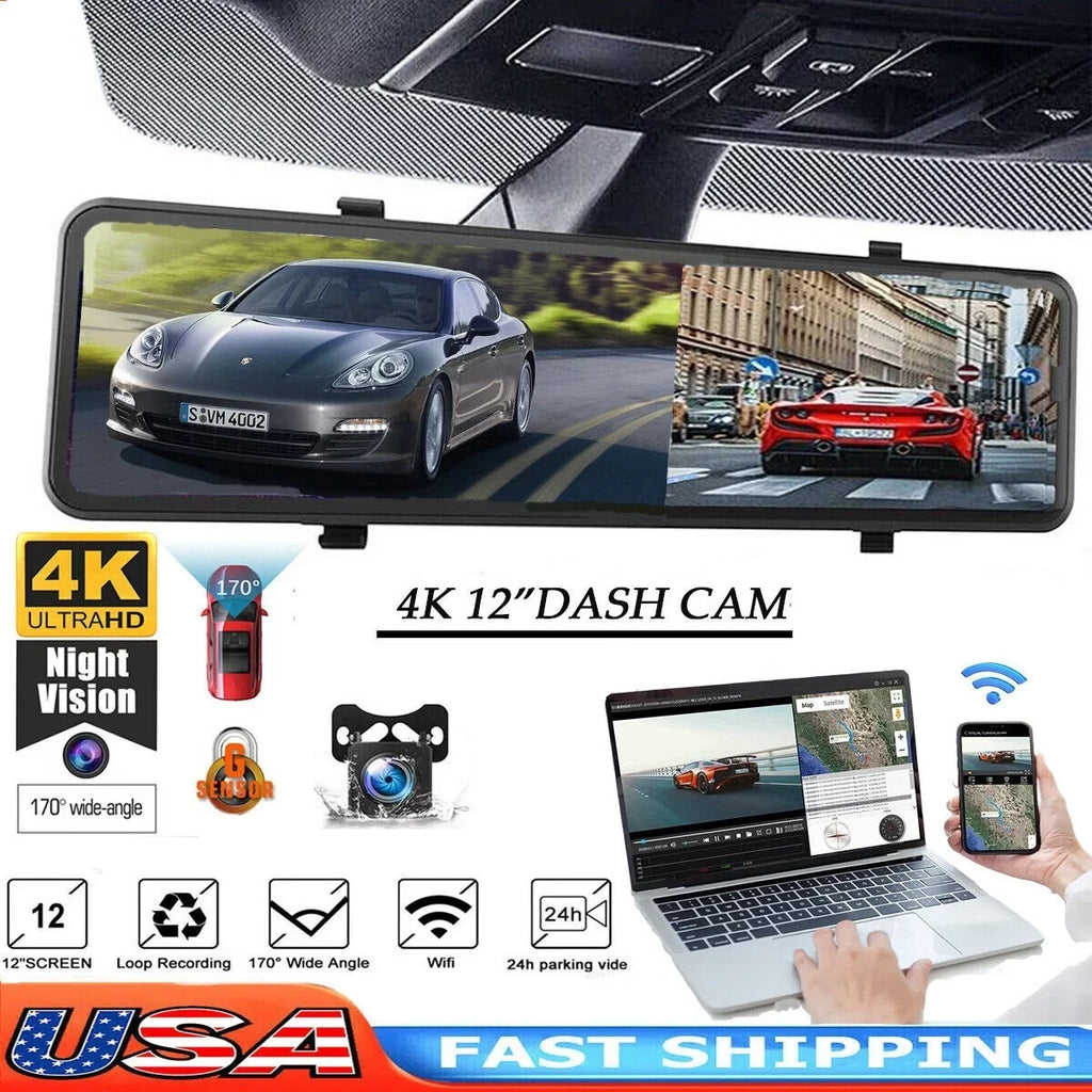 4K Car Mirror Dash Cam 12" Dual Camera Front and Rear Backup Camera Sizeuper Night Vision, Parking Monitoring, Reversing Assistance