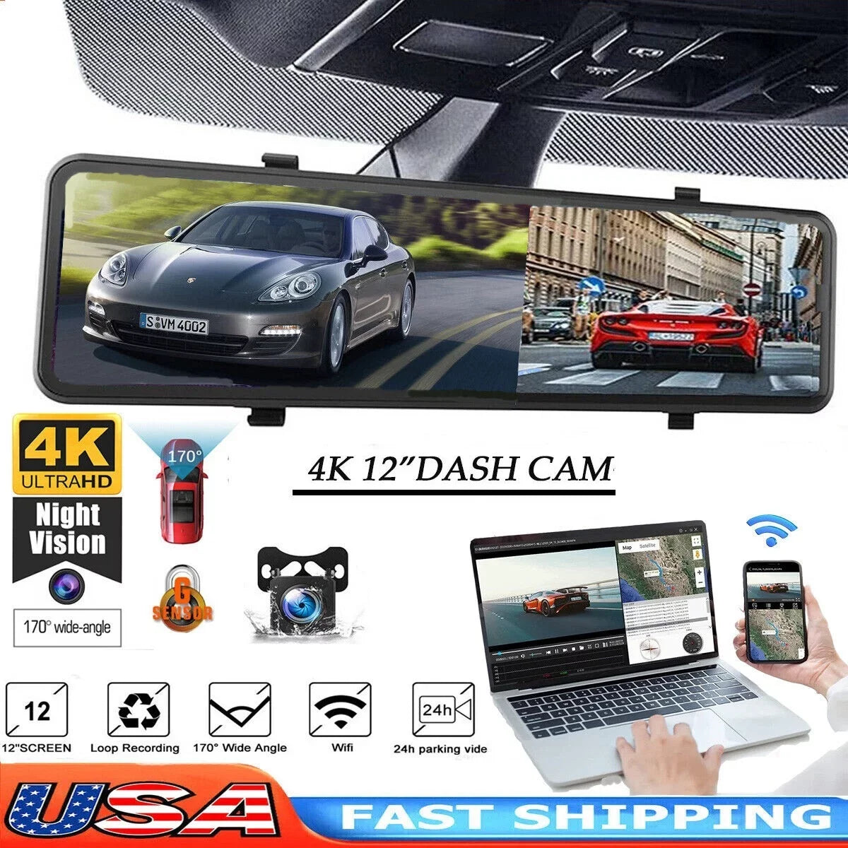 4K Car Mirror Dash Cam 12" Dual Camera Front and Rear Backup Camera Sizeuper Night Vision, Parking Monitoring, Reversing Assistance