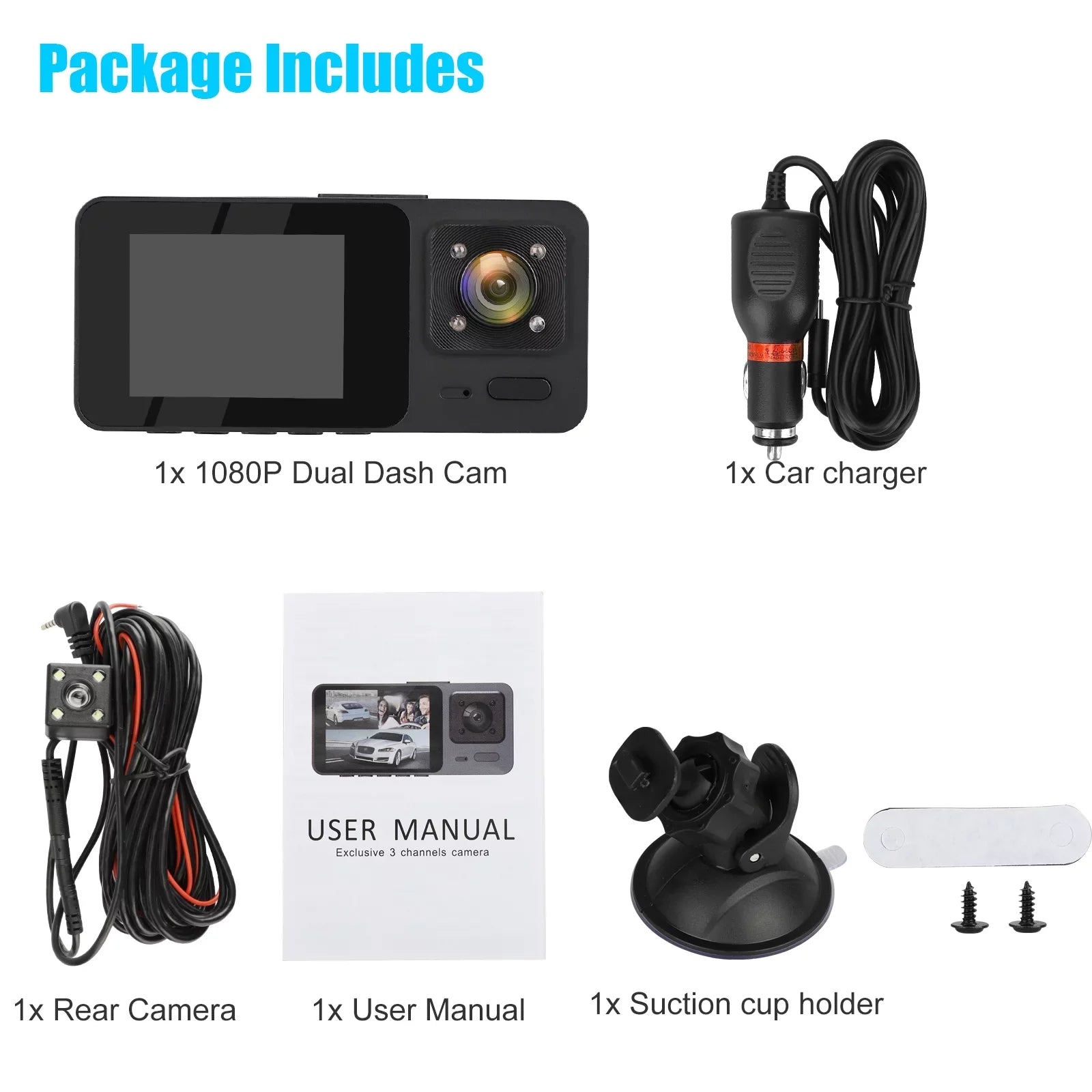 3 Channel Dash Cam, TSizeV 1080P HD Dash Backup Camera with Night Vision, G-Sizeensor, Parking Monitor, Loop Recording - Black