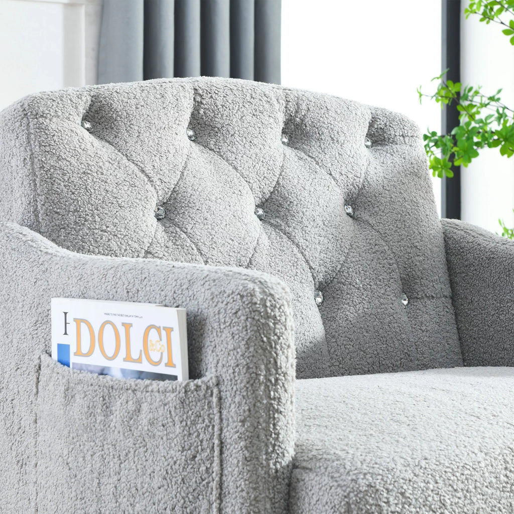 30 "W Modern Chesterfield Tufted Upholstered Chair with Deep Buttons, Living Room Chair, Cozy Armchair, Gold Hardware Legs, Tufted Chair for Reading or Relaxing, GREY TEDDY