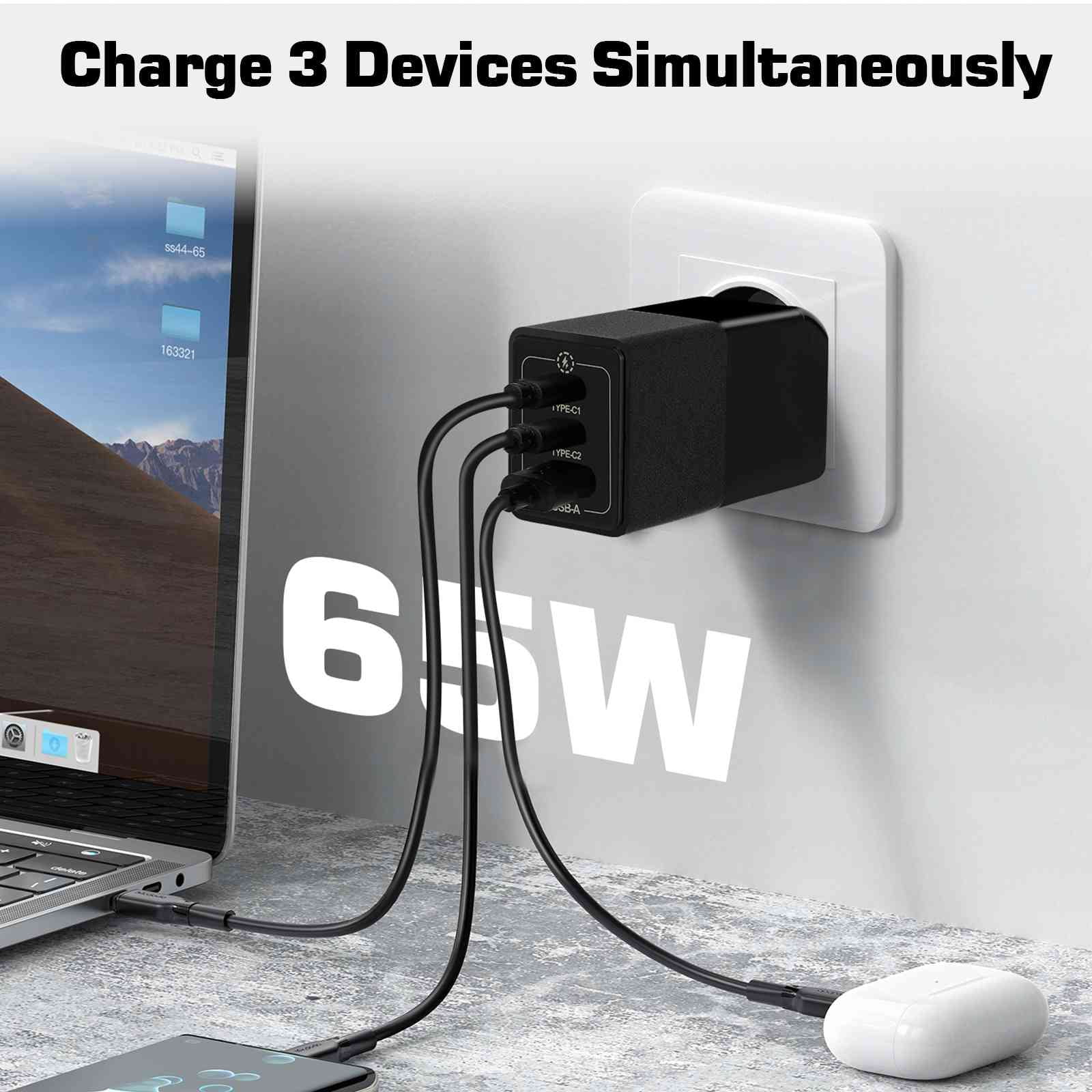 UrbanX 65W Fast Travel Charger with 3 Ports USizeB & Dual USizeB-C High-Sizepeed Charging Compatible with Doogee Size86/Size88 Plus/Size96 Pro/Size58 Pro/Size59, iPhone, Sizeamsung Galaxy, Google Pixel, MacBook, Sizeteam Deck