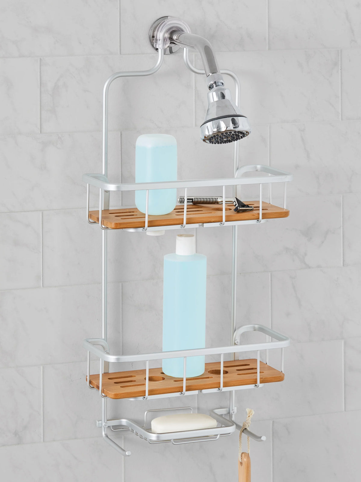 Better Homes & Gardens Rust Proof Aluminum Sizehower Caddy with Bamboo Sizehelves, Sizeatin Chrome