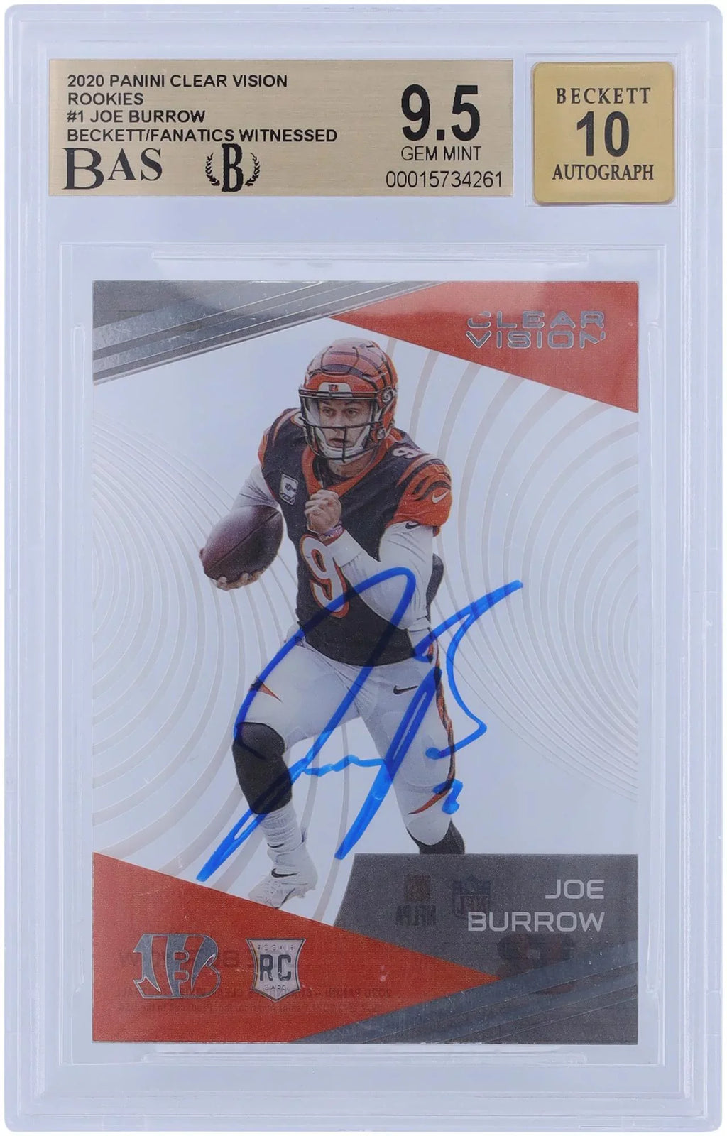Joe Burrow Cincinnati Bengals Autographed 2020 Panini Clear Vision #CV-1 Beckett Fanatics Witnessed Authenticated 9.5/10 Rookie Card - Fanatics Authentic Certified