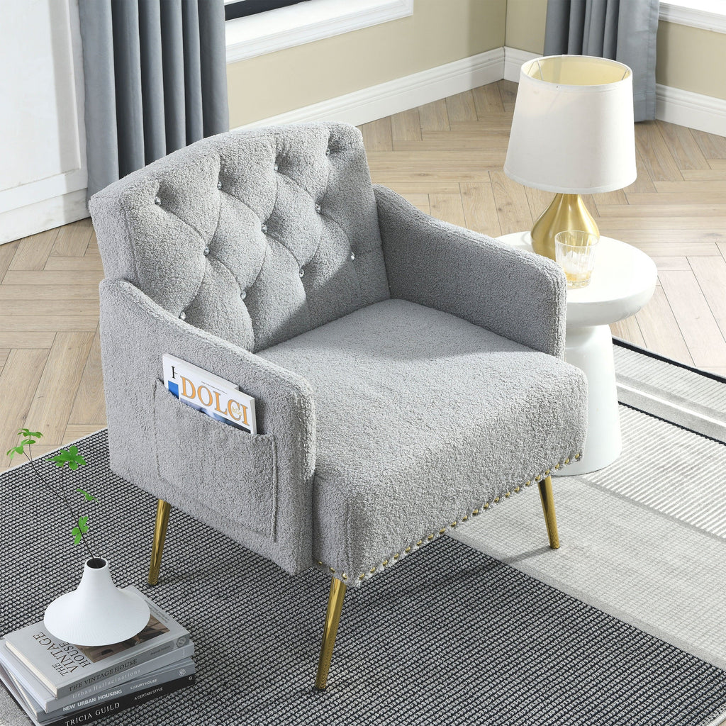 30 "W Modern Chesterfield Tufted Upholstered Chair with Deep Buttons, Living Room Chair, Cozy Armchair, Gold Hardware Legs, Tufted Chair for Reading or Relaxing, GREY TEDDY