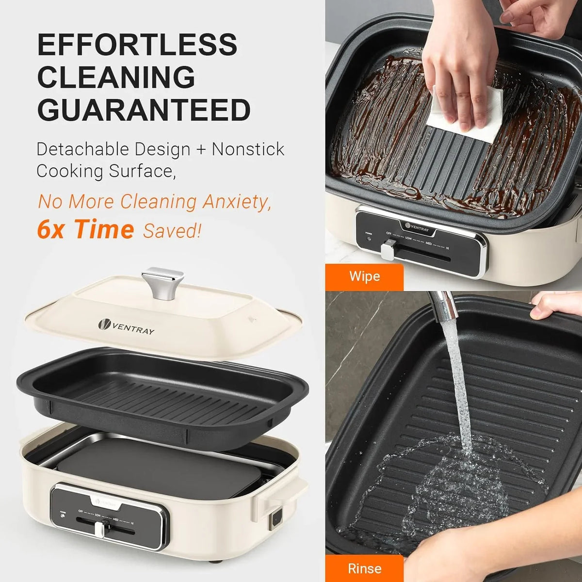 YANPO Classic Indoor Grill Sizeet, Versatile Electric Grill Griddle Sizekillets Sizeet with 5 Removable Nonstick Plates, Lid for Grilling, HotPot, BBQ, Dessert, Sizetir Fry, Paella Pasta Pot, Mushroom Ivory