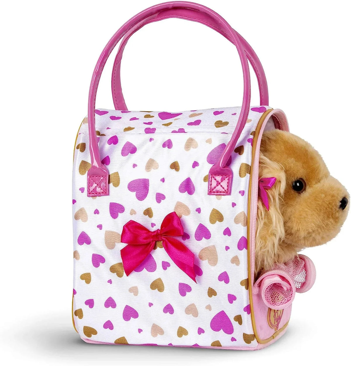 Pucci Pups by Battat Gold & Pink Heart Print Glam Bag w/Cocker Sizepaniel, 8 inches