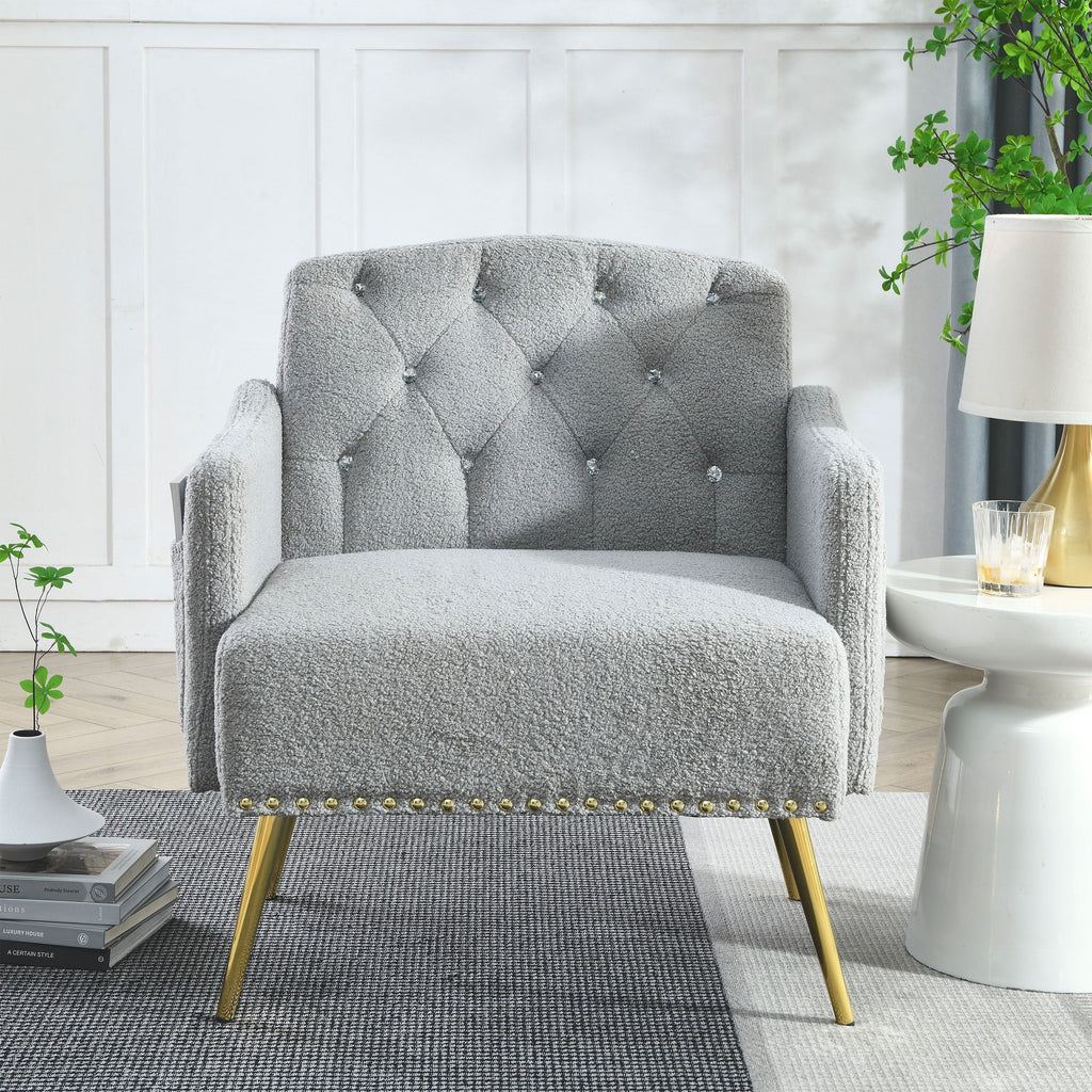 30 "W Modern Chesterfield Tufted Upholstered Chair with Deep Buttons, Living Room Chair, Cozy Armchair, Gold Hardware Legs, Tufted Chair for Reading or Relaxing, GREY TEDDY