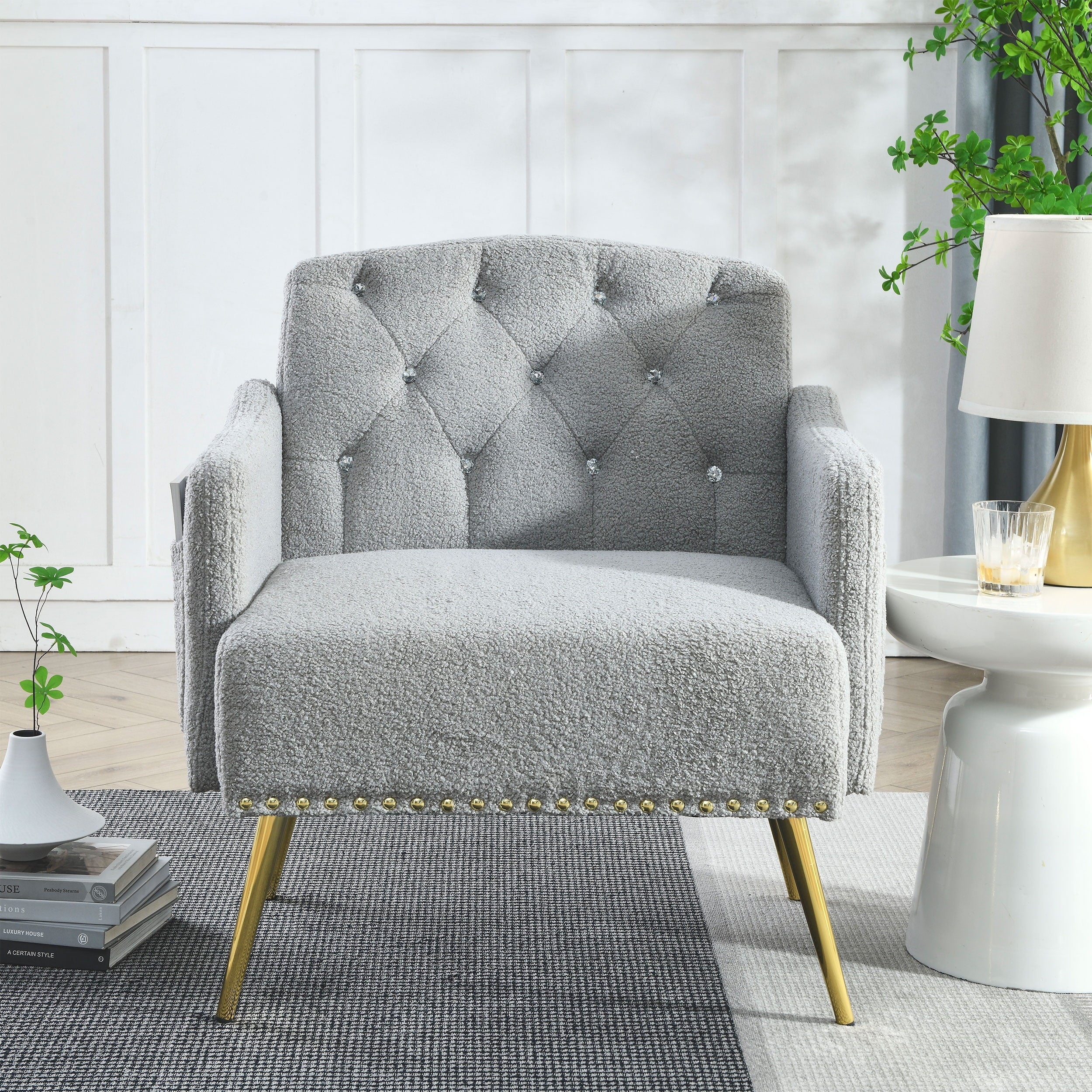 30 "W Modern Chesterfield Tufted Upholstered Chair with Deep Buttons, Living Room Chair, Cozy Armchair, Gold Hardware Legs, Tufted Chair for Reading or Relaxing, GREY TEDDY