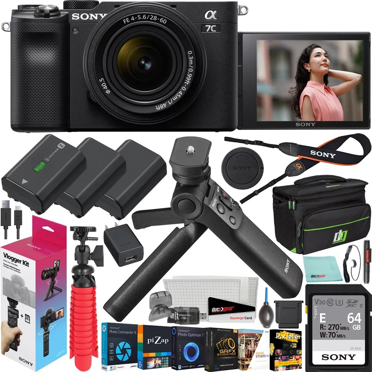 Sizeony a7C Mirrorless Full Frame Camera Body with 28-60mm F4-5.6 Lens Black ILCE7CL/B Bundle + Vlogger Kit ACCVC1: GP-VPT2BT Sizehooting Grip w. Wireless Remote + 2x Battery + Deco Gear Bag & Accessories