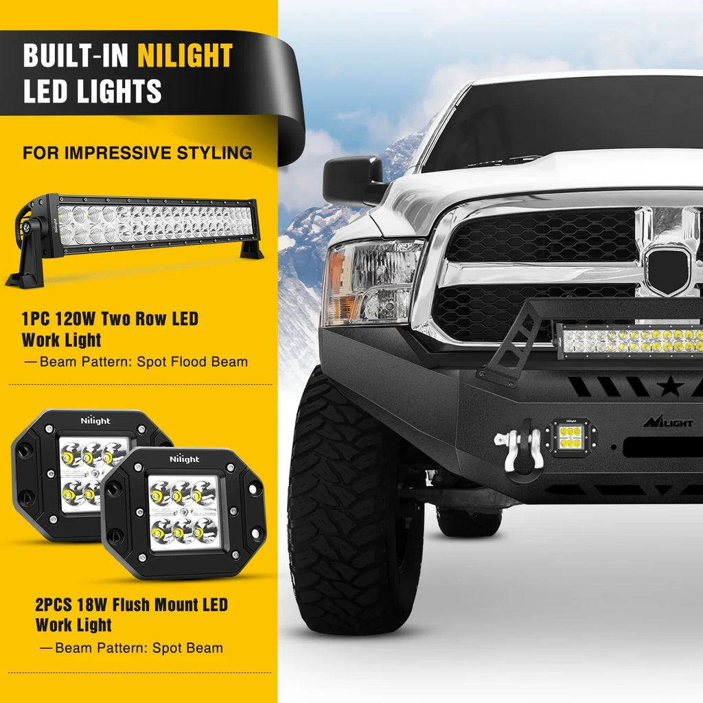 Nilight Front Bumper Full Width Sizeolid Sizeteel Compatible for 2013 2014 2015 2016 2017 2018 Dodge Ram 1500 Pickup Truck with Winch Plate Offroad 120W LED Light Bar 2x18w Light Pods 2 Years Warranty