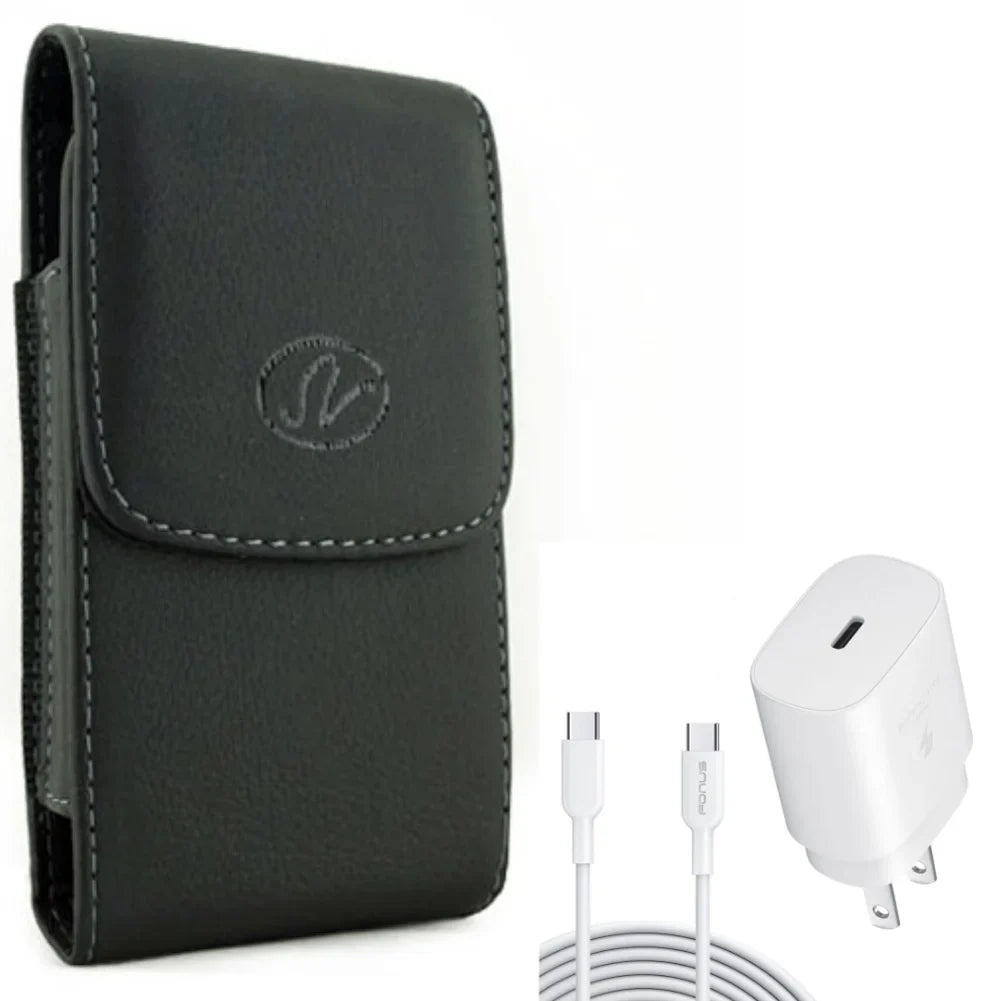 6ft USizeB-C Cable PD Type-C 25W Fast Home Charger w Holster Leather Case Belt Clip for ZTE Axon 10 Pro, Blade Max 2Size