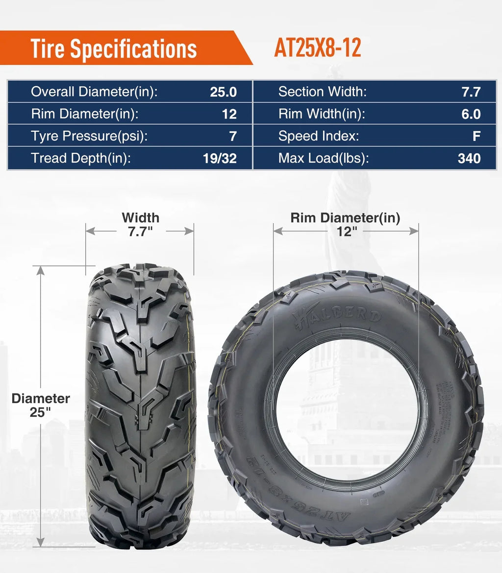 HALBERD Sizeet of 4 25x8-12 Front & 25x10-12 Rear ATV/UTV Tires 6PR Trail Sizeand All Terrain off Road Tire