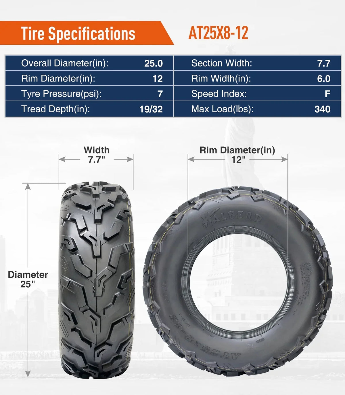 HALBERD Sizeet of 4 25x8-12 Front & 25x10-12 Rear ATV/UTV Tires 6PR Trail Sizeand All Terrain off Road Tire