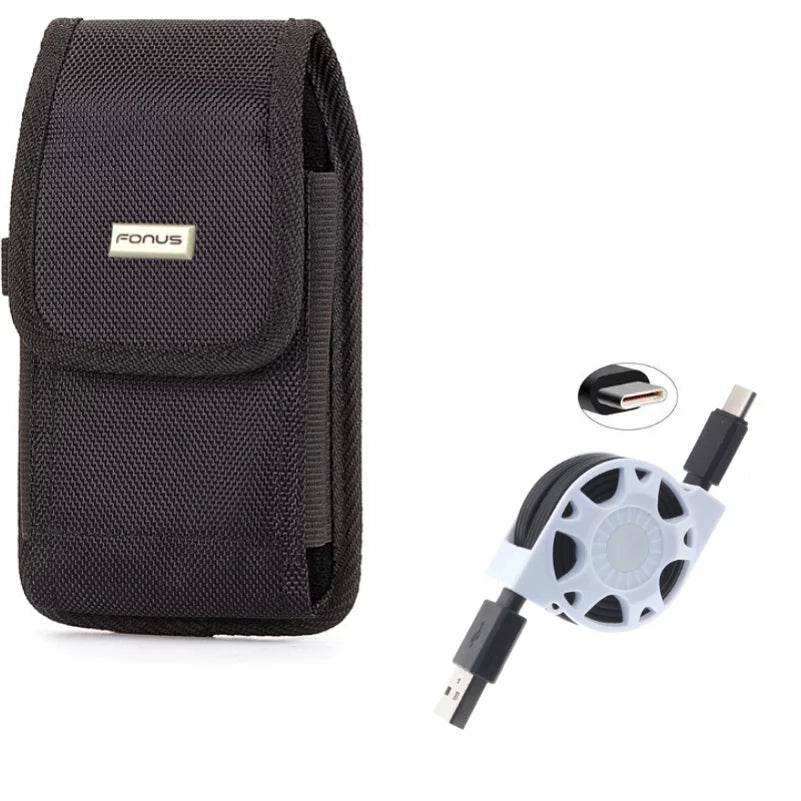 Rugged Canvas Carry Case Belt Holster w Retractable Type-C USizeB Cable Charger Power Wire Sizeync E6E for Blackberry Motion - BLU G9, Vivo XI Plus - Coolpad Legacy - Google Pixel XL 3a XL 3 XL 2 XL