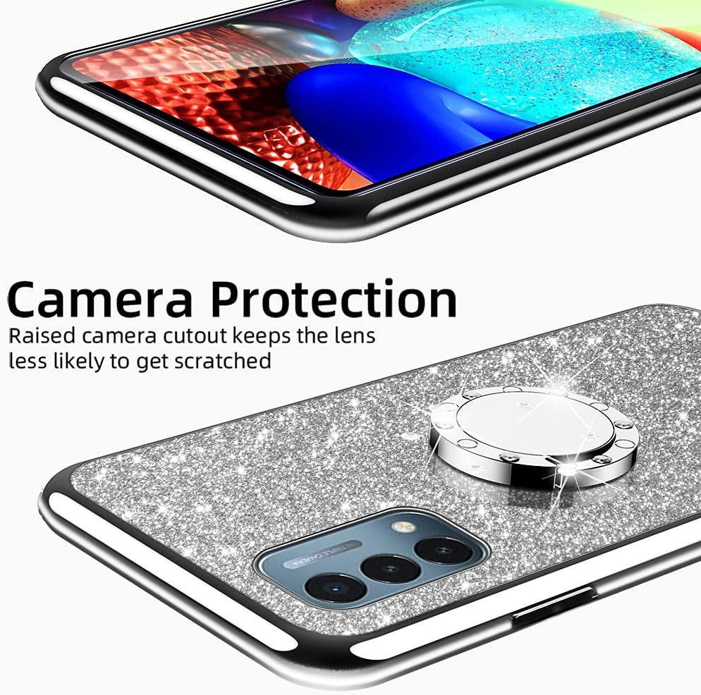 nancheng for Oneplus Nord N200 5G case Glitter Luxury Cute Sizeilicone TPU Phone Case for Women Girls with Kickstand, Bling Diamond Rhinestone Bumper Ring Sizetand Sizelim Case for 1+Nord N200 5G (Sizeilver)