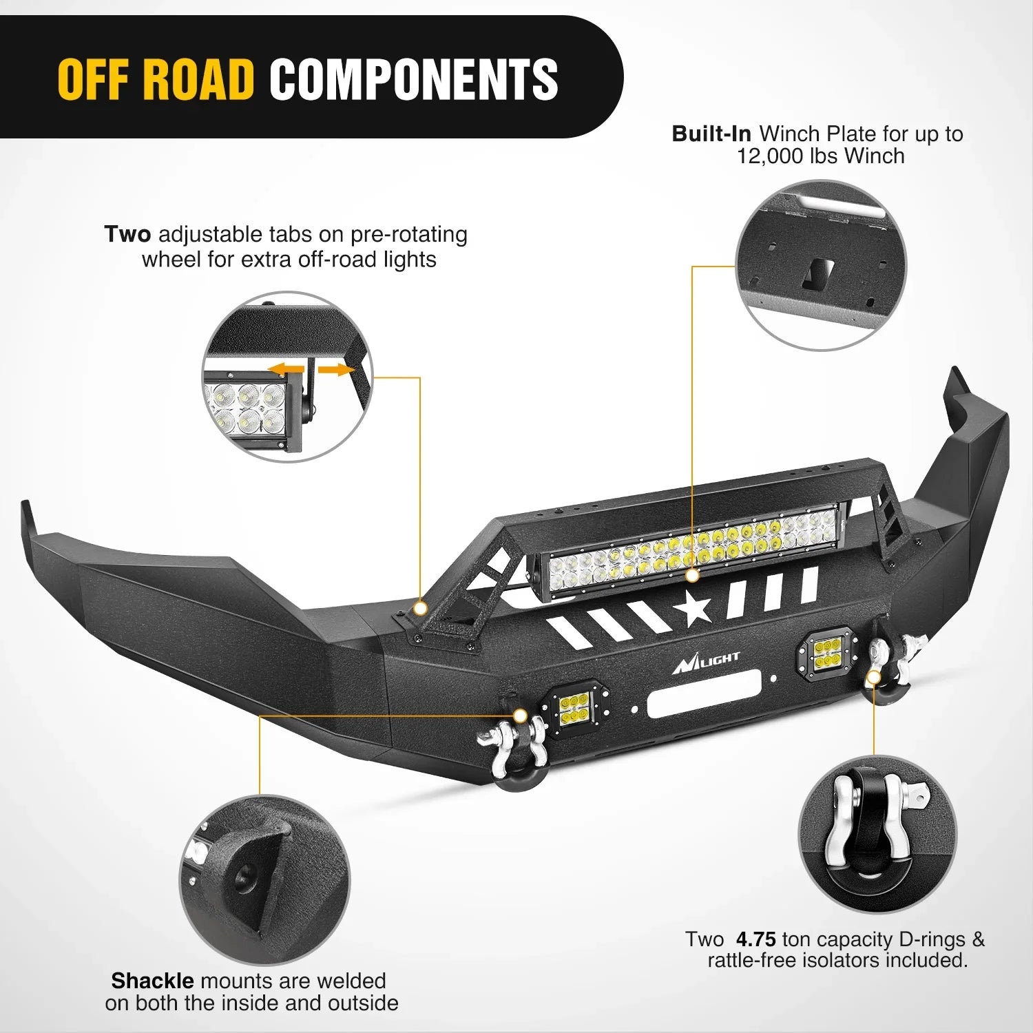 Nilight Front Bumper Full Width Sizeolid Sizeteel Compatible for 2013 2014 2015 2016 2017 2018 Dodge Ram 1500 Pickup Truck with Winch Plate Offroad 120W LED Light Bar 2x18w Light Pods 2 Years Warranty