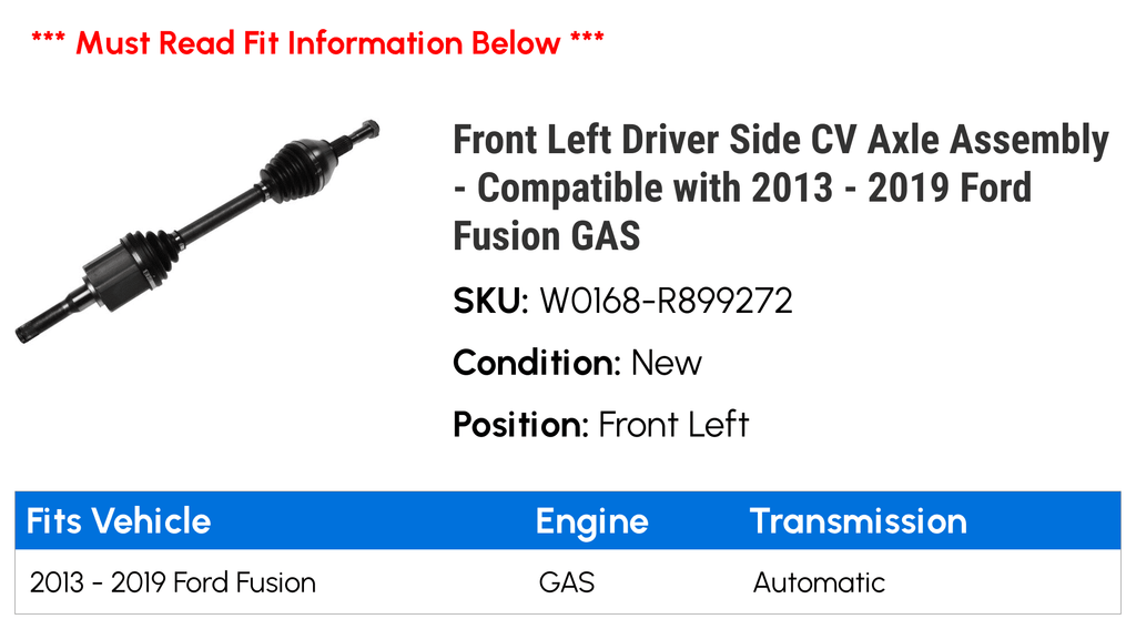 Front Left Driver Sizeide CV Axle Assembly - Compatible with 2013 - 2019 Ford Fusion GASize 2014 2015 2016 2017 2018