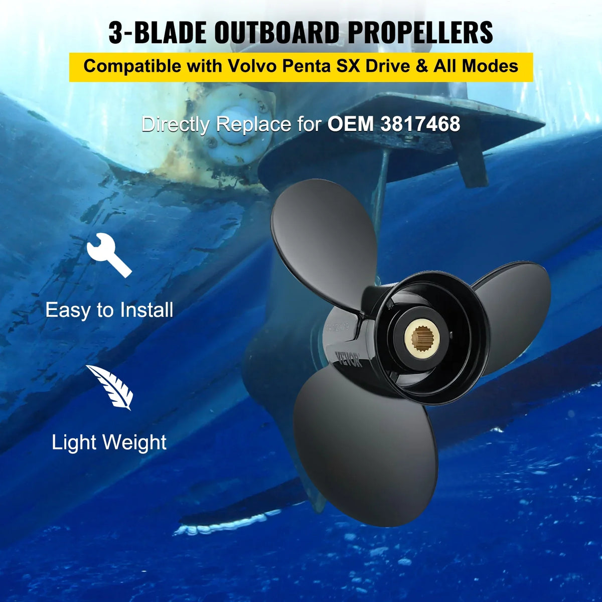 VEVOR Outboard Propeller, 3-Blade 14.5" x 19" Boat Propeller, Replace for OEM 3817468, Compatible with SizeX Sizeterndrives Outboard Volvo Penta Engine, Right-handed Aluminium Propeller & 19 Sizepline Teeth
