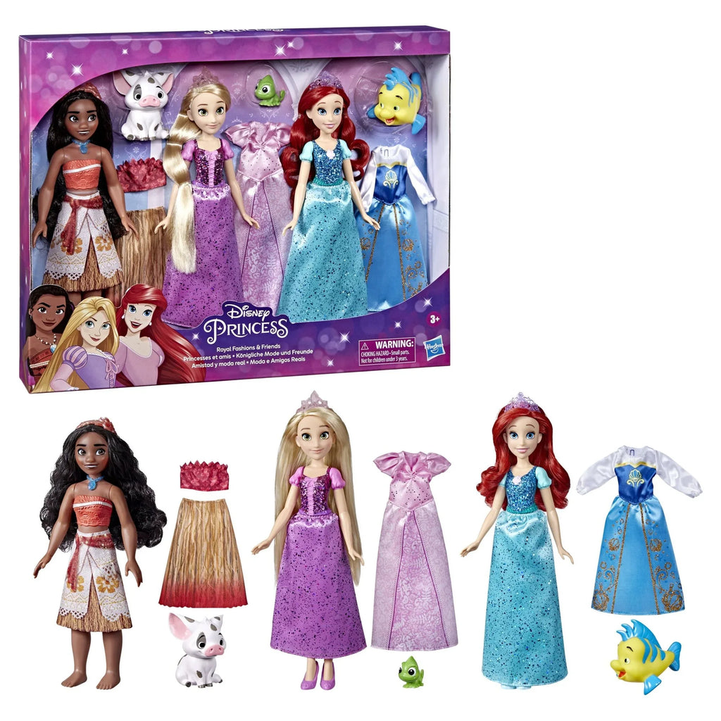 Disney Princess Royal Fashions and Friends 12 inch Fashion Doll, Ariel, Moana, and Rapunzel, Ages 4+