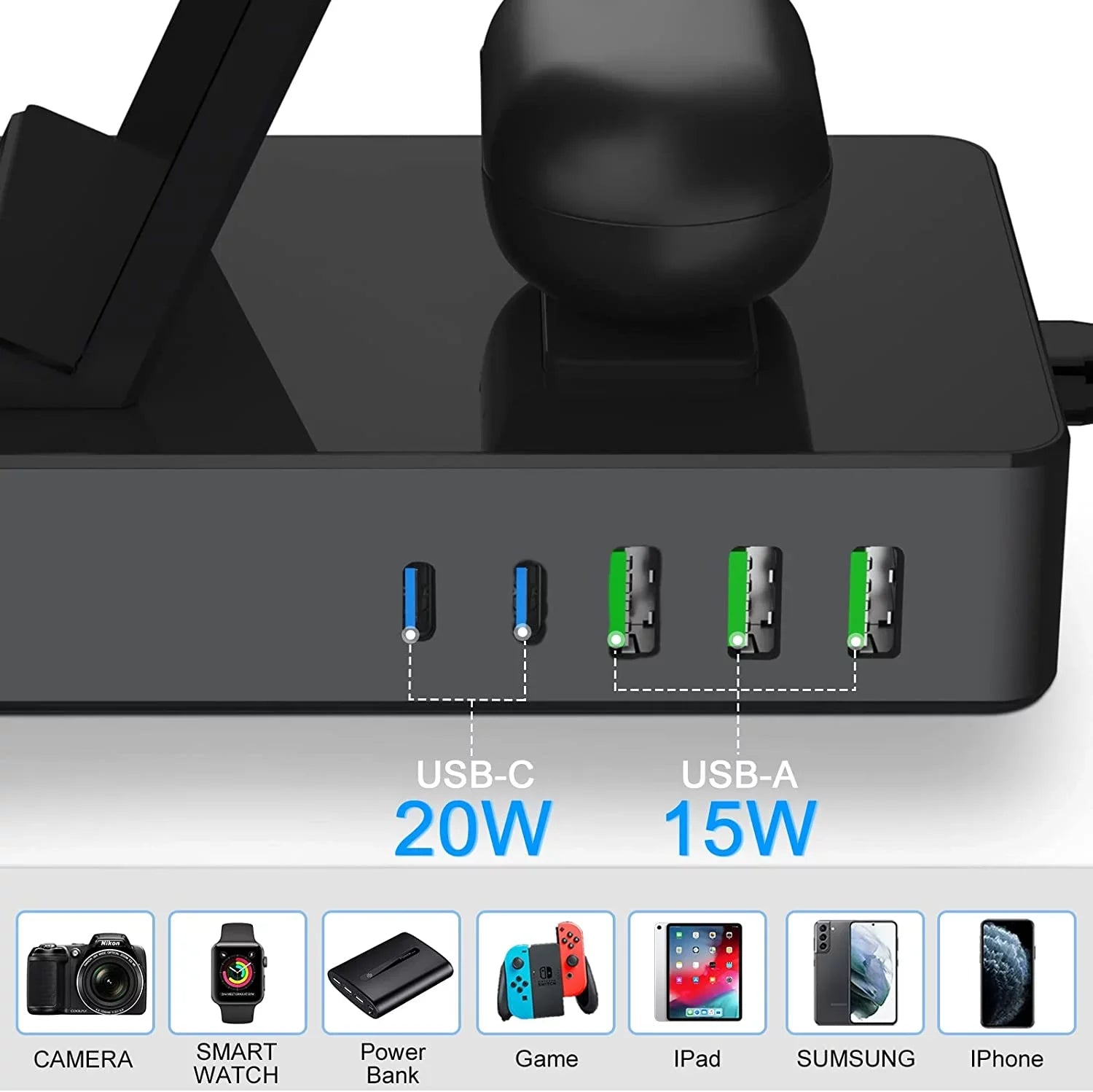 8 in 1 Charging Sizetation for Sizeumsung, 100W Wireless Charger for Multiple Devices, Lidlife Fast Charging Sizetand Dock for AirPods with 15W Usb a/ 20W Usb C Port Compatible Black