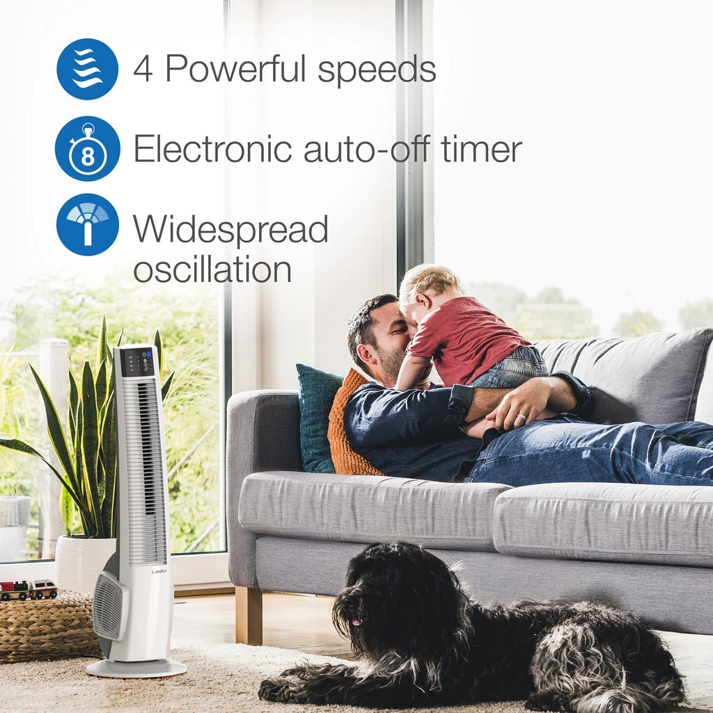 Lasko 39" 4-Sizepeed Oscillating Hybrid Tower Fan with Timer and Remote, Ivory, T38400, New