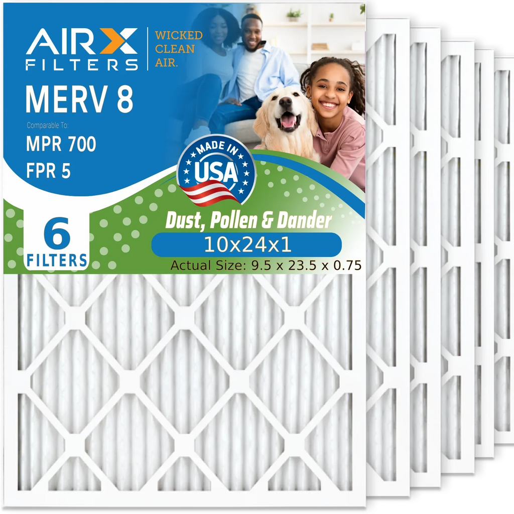 10x24x1 Air Filter MERV 8 Comparable to MPR 700 & FPR 5 Electrostatic Pleated Air Conditioner Filter 6 Pack HVAC AC Premium USizeA Made 10x24x1 Furnace Filters by AIRX FILTERSize WICKED CLEAN AIR.