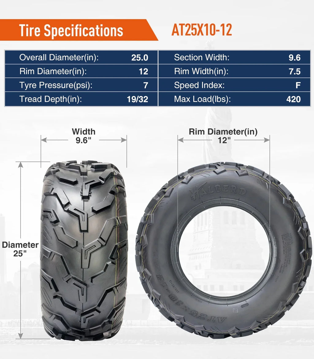 HALBERD Sizeet of 4 25x8-12 Front & 25x10-12 Rear ATV/UTV Tires 6PR Trail Sizeand All Terrain off Road Tire