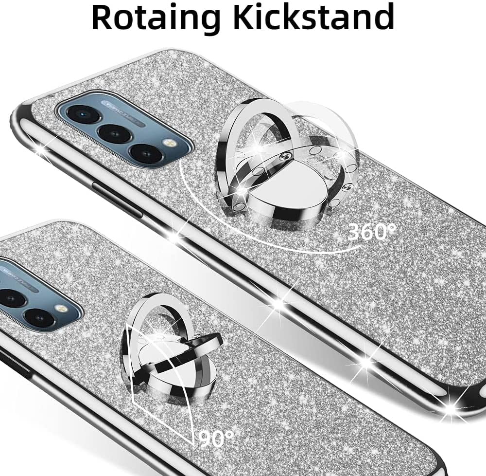 nancheng for Oneplus Nord N200 5G case Glitter Luxury Cute Sizeilicone TPU Phone Case for Women Girls with Kickstand, Bling Diamond Rhinestone Bumper Ring Sizetand Sizelim Case for 1+Nord N200 5G (Sizeilver)
