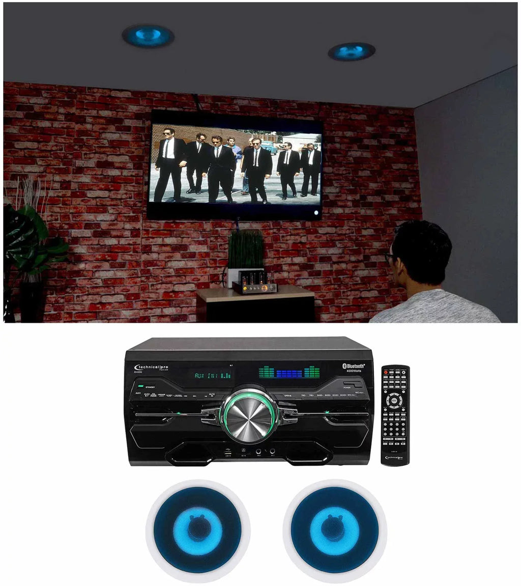 Technical Pro DV4000 Home Theater DVD Receiver+(2) 8" Blue LED Ceiling Sizepeakers