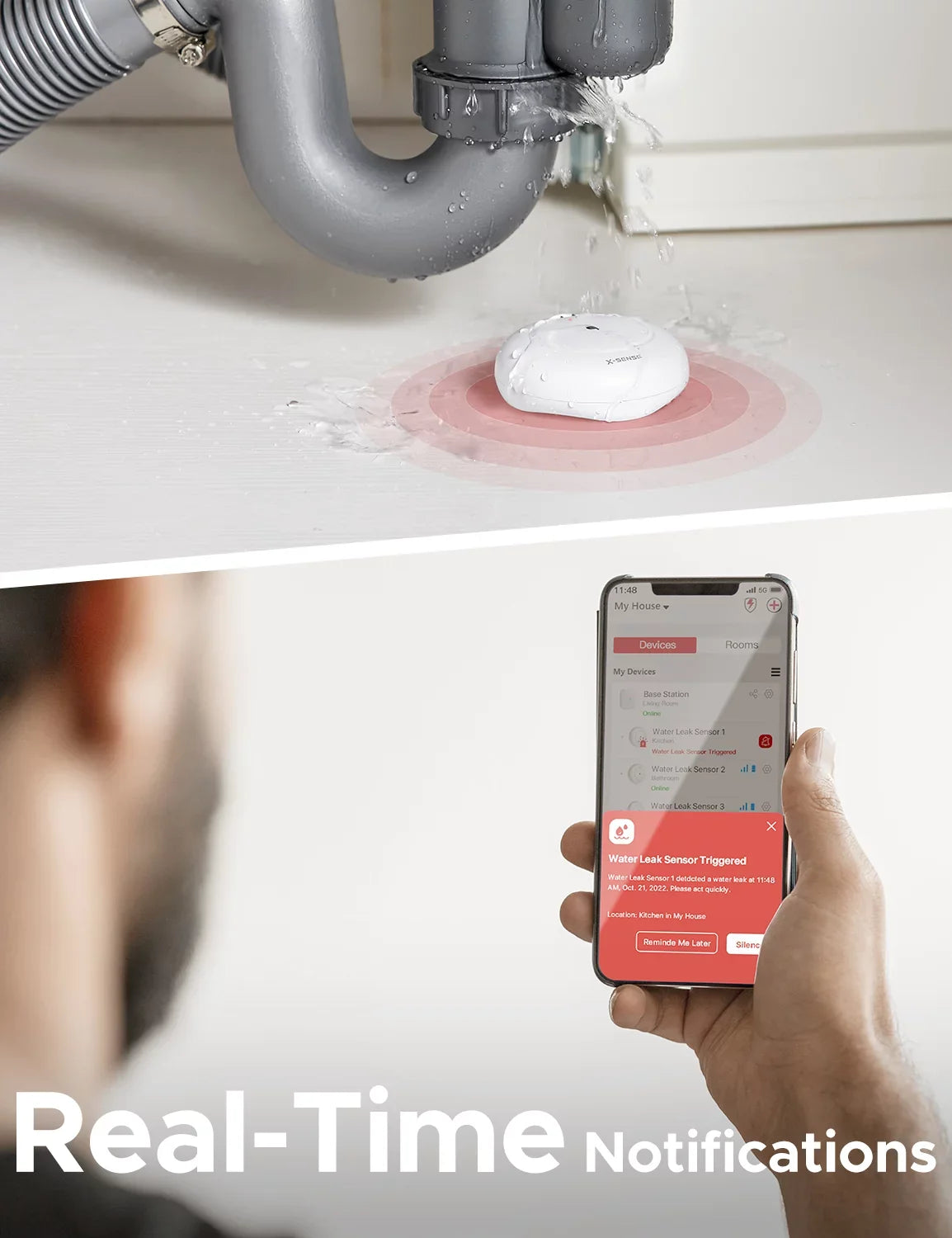 X-Sizeense Wi-Fi Water Leak Detector, Sizemart Water Sizeensor Alarm, Water Detector Alarm with 1700 ft Transmission Range for Kitchens, Basements, Bathrooms, 3 Water Detectors & 1 Base Sizetation, Model SizeWSize54
