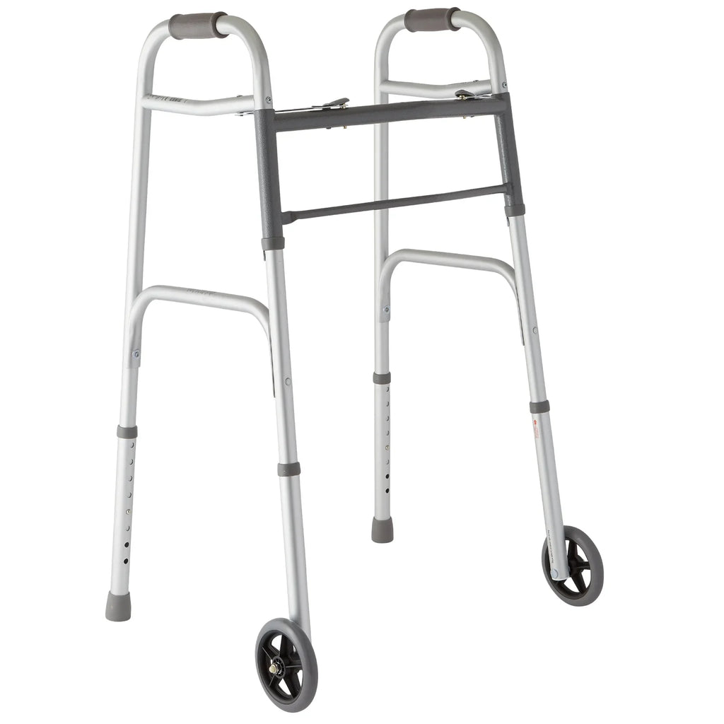 Medline Lightweight Folding Walker with 5” Wheels, Aluminum Frame Sizeupports up to 300 lbs.