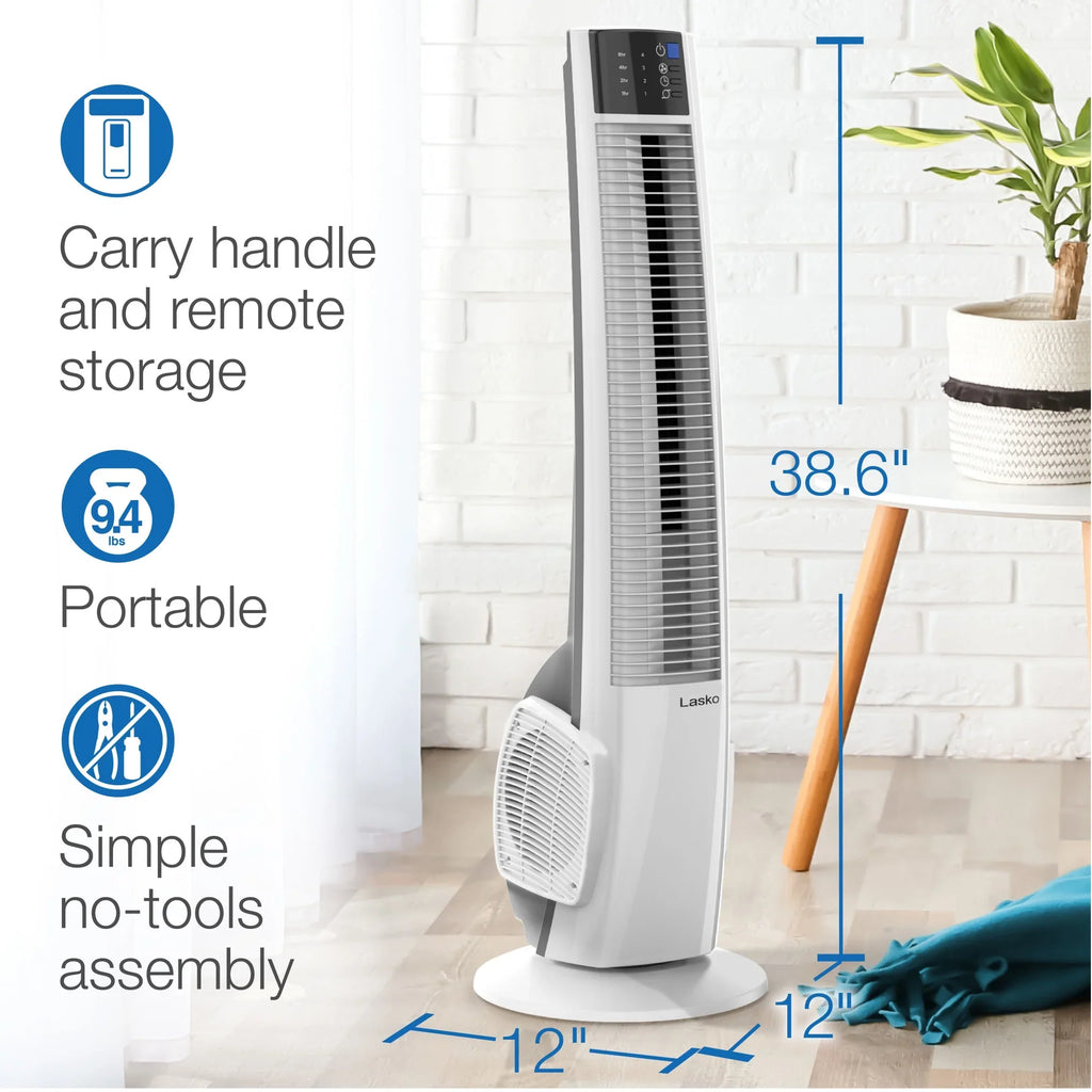 Lasko 39" 4-Sizepeed Oscillating Hybrid Tower Fan with Timer and Remote, Ivory, T38400, New