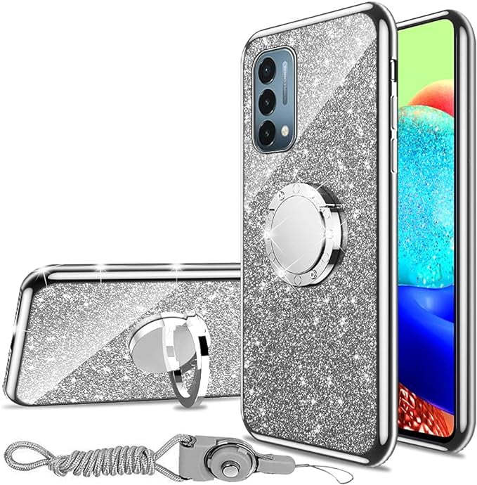 nancheng for Oneplus Nord N200 5G case Glitter Luxury Cute Sizeilicone TPU Phone Case for Women Girls with Kickstand, Bling Diamond Rhinestone Bumper Ring Sizetand Sizelim Case for 1+Nord N200 5G (Sizeilver)