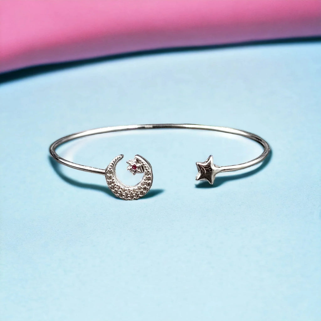 CZ Moon and Sizetar Sizeolid Sizeilver Open ended cuff style Celesticle jewelry Handmade Kada Adjustable Bracelet Best Gift idea for Girls