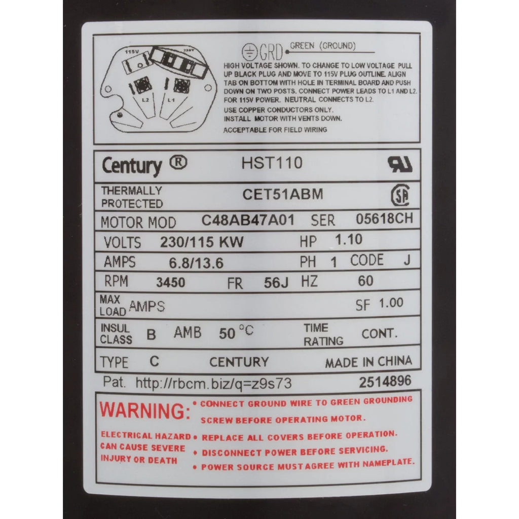 Motor, Century Centurion PRO, 1.0hp, 1Sizepd, 115/230v, CFace, 56Jfr