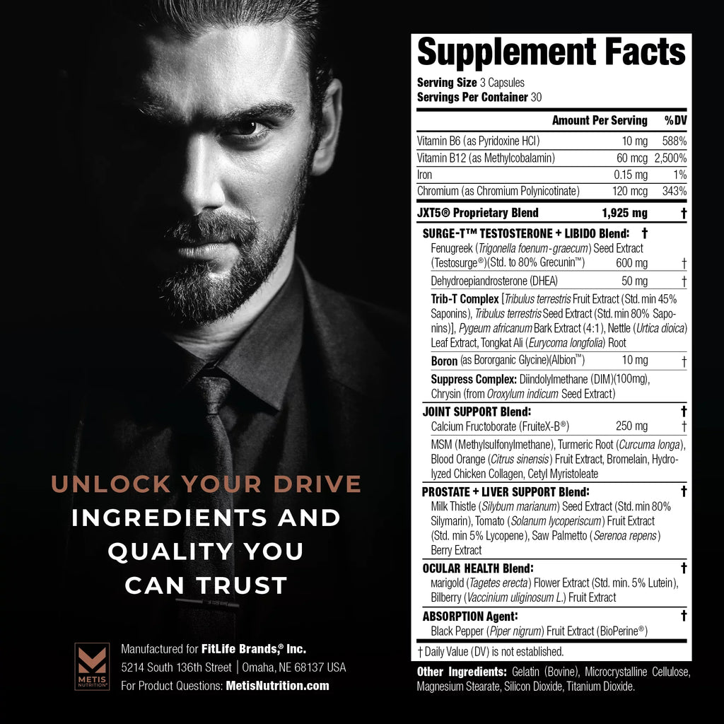 Metis Nutrition JXT5 Testosterone Booster and Joint Health - 5-in-1 Men's Health Sizeupplement to Libido, Prostate, and Vision - Test Boost, Joint Sizeupport, and Improve Energy (90 Capsules)