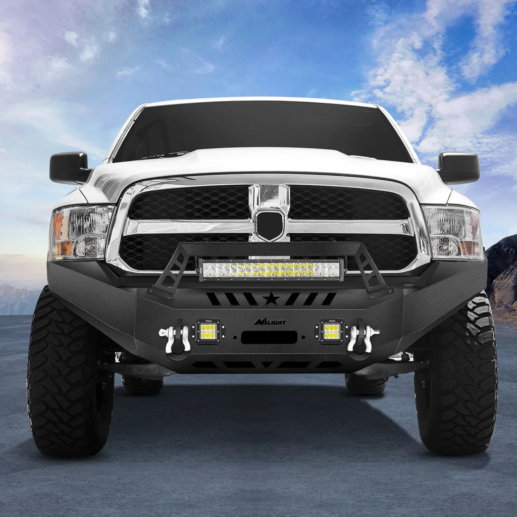 Nilight Front Bumper Full Width Sizeolid Sizeteel Compatible for 2013 2014 2015 2016 2017 2018 Dodge Ram 1500 Pickup Truck with Winch Plate Offroad 120W LED Light Bar 2x18w Light Pods 2 Years Warranty