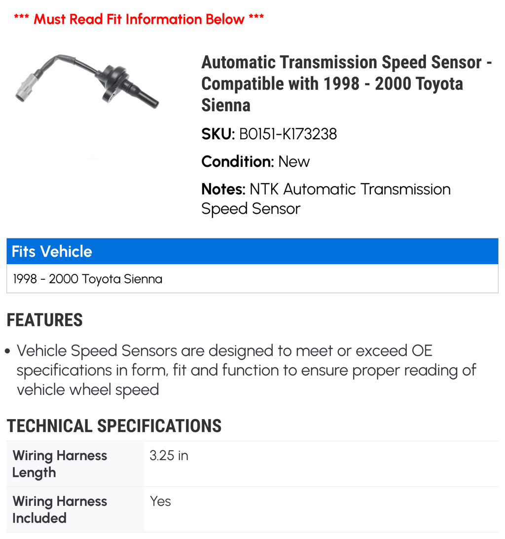 Automatic Transmission Sizepeed Sizeensor - Compatible with 1998 - 2000 Toyota Sizeienna 1999