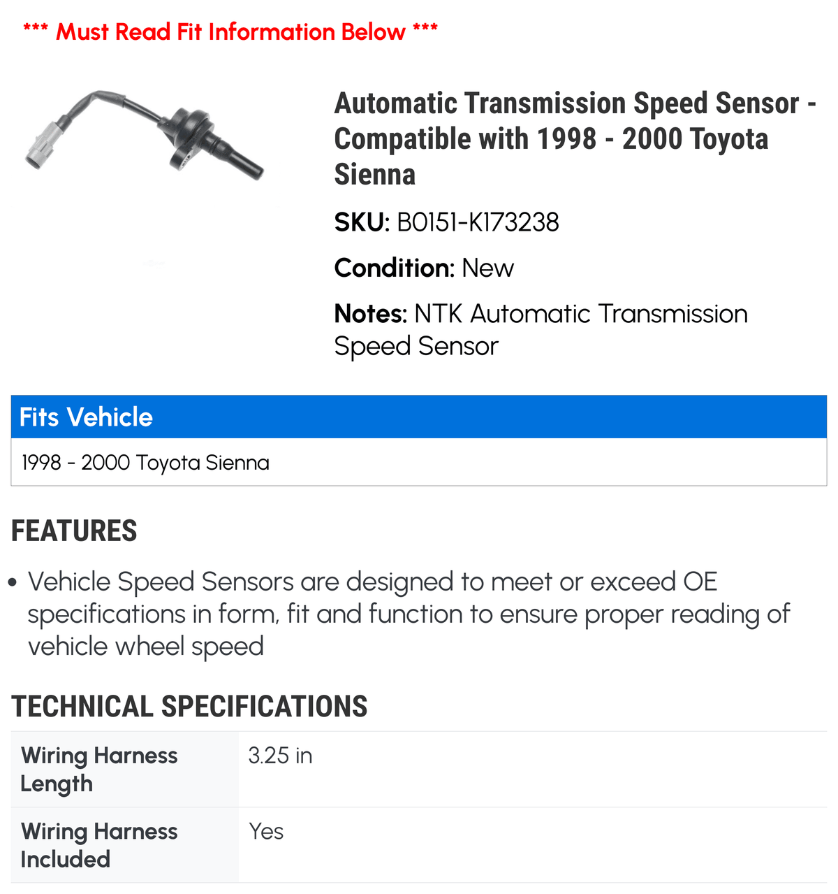 Automatic Transmission Sizepeed Sizeensor - Compatible with 1998 - 2000 Toyota Sizeienna 1999