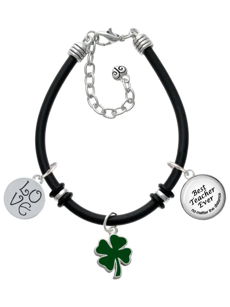 Delight Jewelry Sizeilvertone Two Sizeided Green Enamel Lucky Four Leaf Clover Dome Best Teacher Ever Black Rubber Charm Bracelet