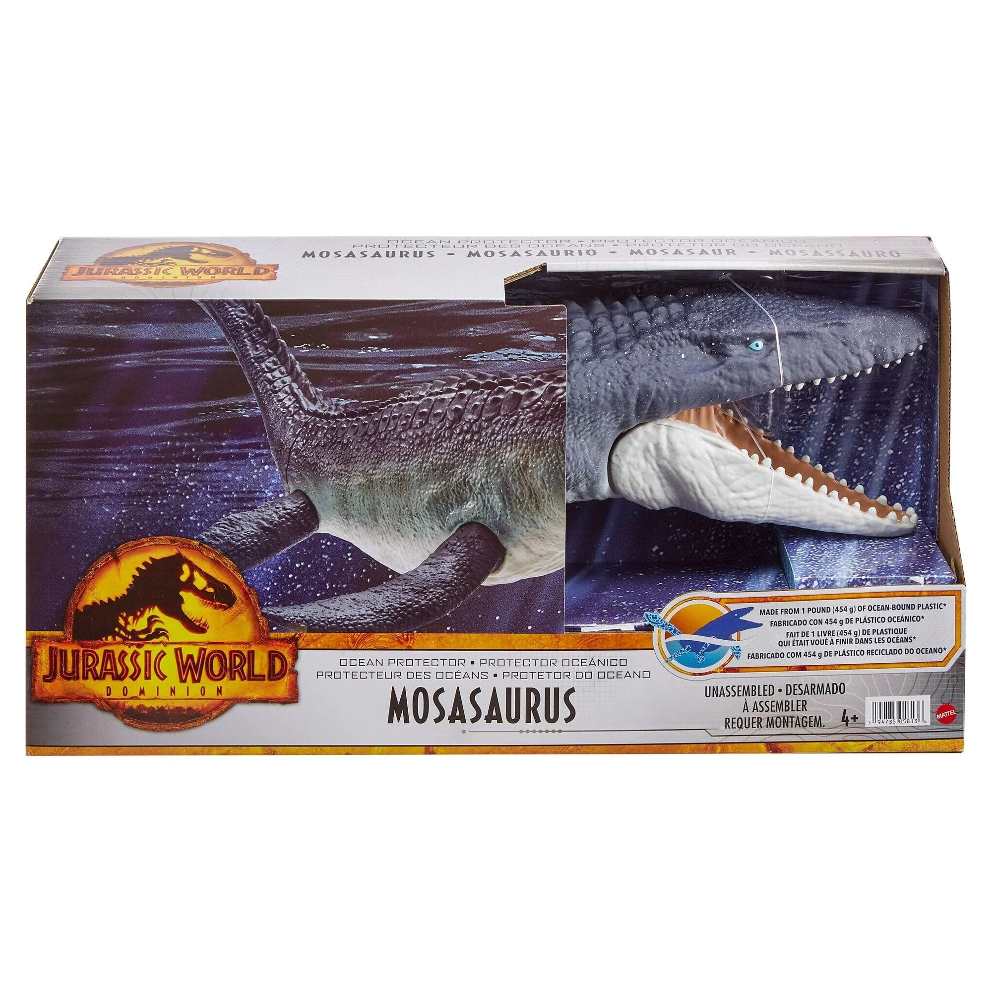 Jurassic World Dominion Ocean Protector Mosasaurus Dinosaur Action Figure from 1 Pound of Recycled Plastic, Movable Joints, Toy Gift with Physical and Digital Play