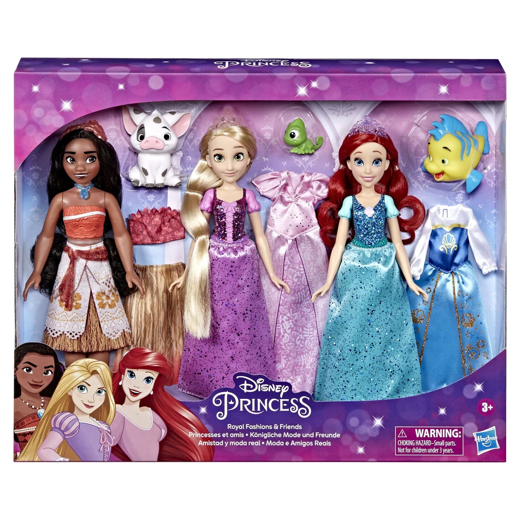 Disney Princess Royal Fashions and Friends 12 inch Fashion Doll, Ariel, Moana, and Rapunzel, Ages 4+
