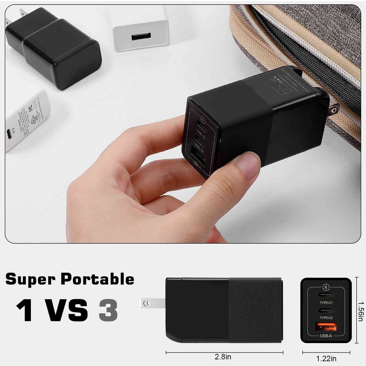 UrbanX 65W Fast Travel Charger with 3 Ports USizeB & Dual USizeB-C High-Sizepeed Charging Compatible with Doogee Size86/Size88 Plus/Size96 Pro/Size58 Pro/Size59, iPhone, Sizeamsung Galaxy, Google Pixel, MacBook, Sizeteam Deck