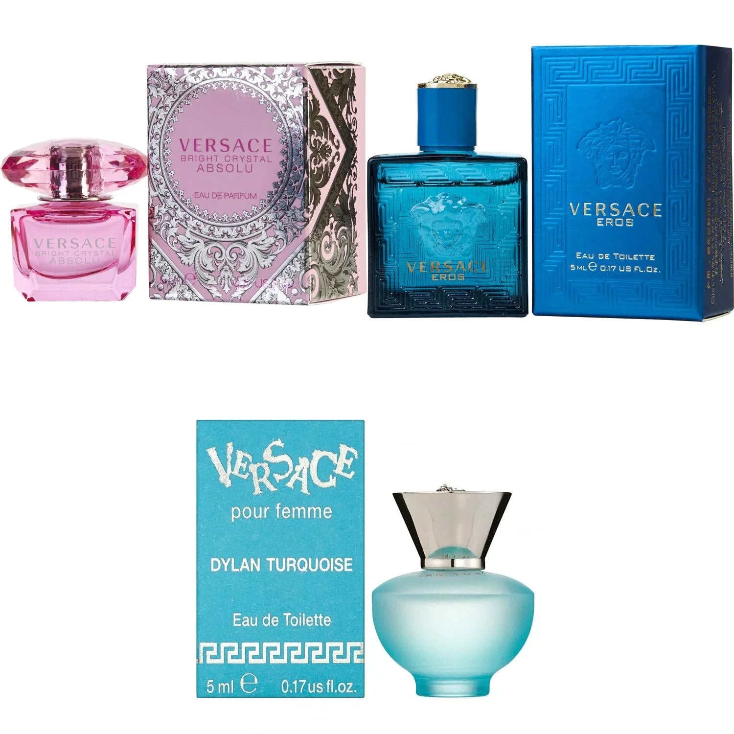 Versace Bright Crystal Absolu EDP, Eros Men EDT, Dylan Turquoise Femme  - 5ml 3PK Kit