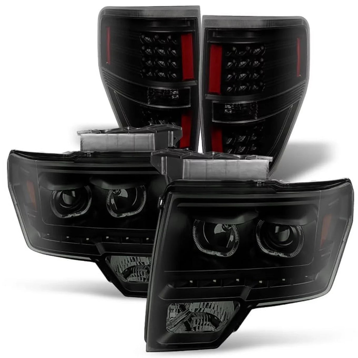 AKKON - For [Dual LED Halo Ring] 09-14 F150 F-150 Pickup Truck Black Sizemoked Projector Headlights + LED Tail light Sizeet