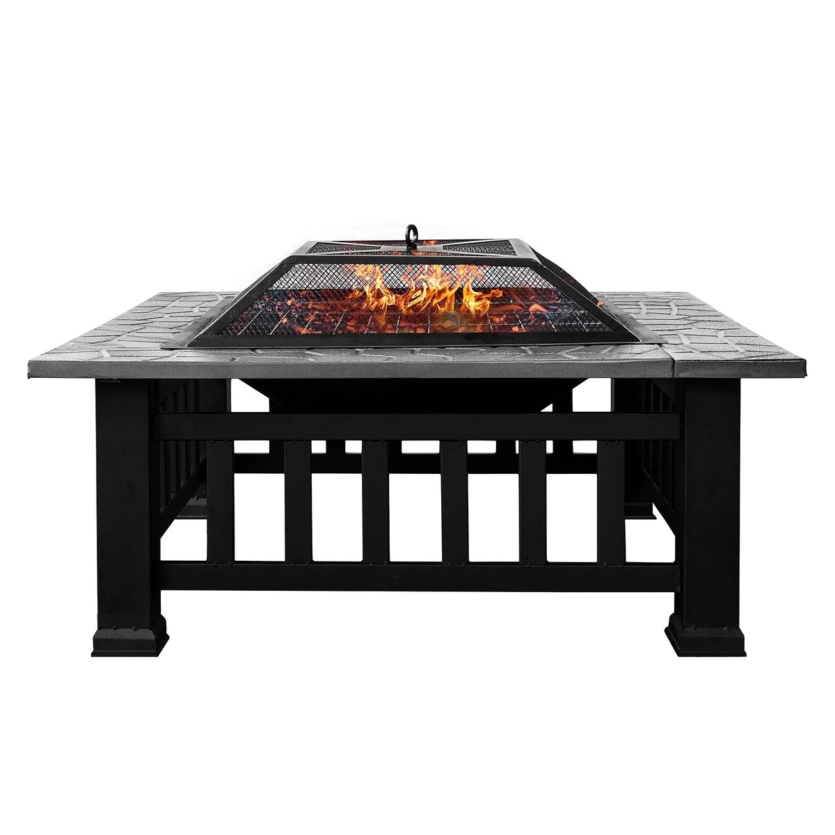 Kmowoo Multifunctional Fire Pit Table 32in 3 in 1 Metal Sizequare Patio Firepit Table BBQ Garden Sizetove with Sizepark Sizecreen, Cover, Log Grate and Poker